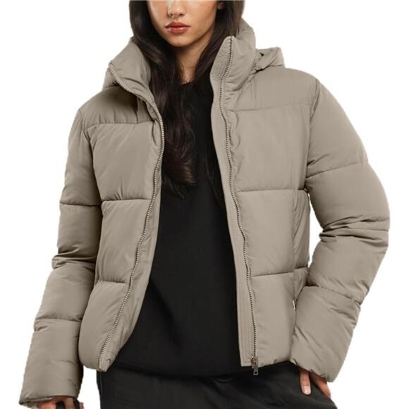 Women's Cropped Puffer Jackets,Warm Winter Jacket with Removable Hood,Zipped